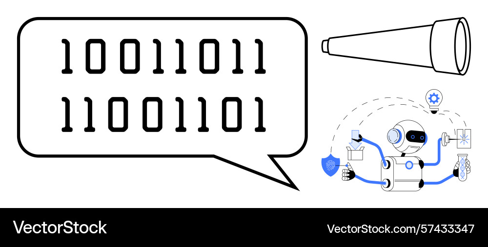 Ai robot processing binary code with a telescope Vector Image