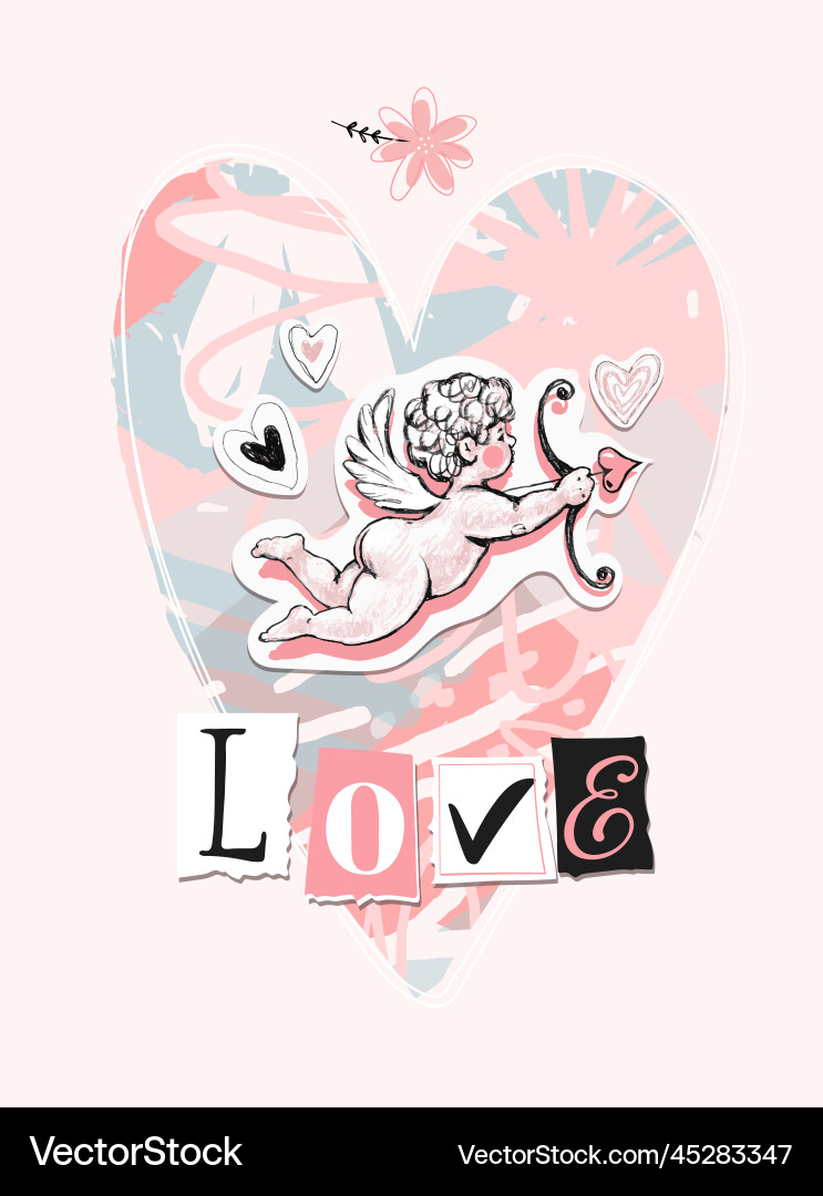 Contemporary love card cupid heart and word Contemporary love card cupid heart and word vector image