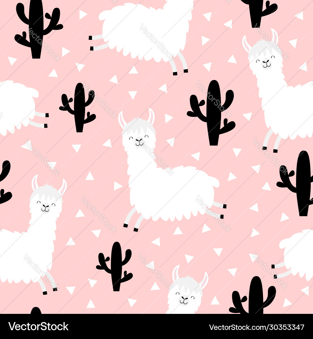 Cute Alpaca & Cactus Pattern Vector Image