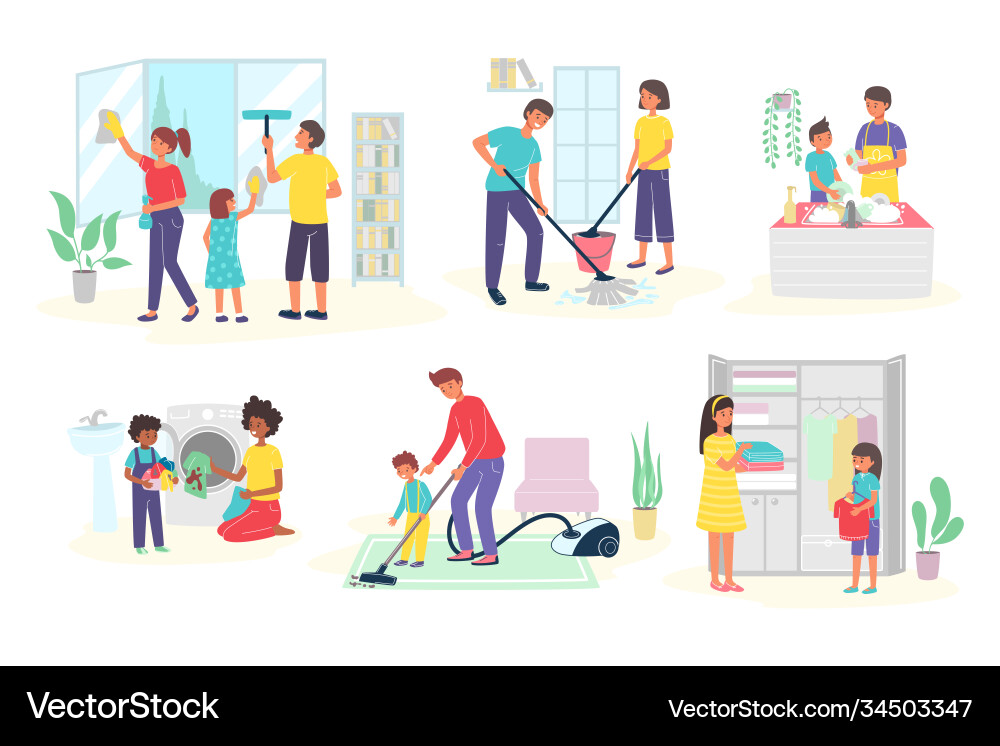 Family cleans house children help parents Family cleans house children help parents vector image