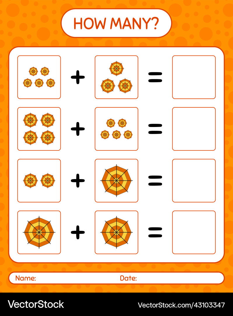How many counting game with spider web worksheet Vector Image
