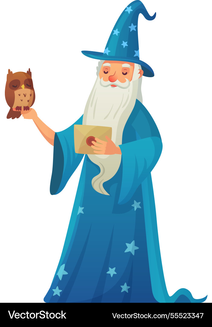 Old wizard with long white beard holding an owl Old wizard with long white beard holding an owl vector image