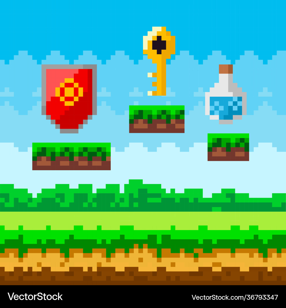 Pixel art game background with reward object Pixel art game background with reward object vector image