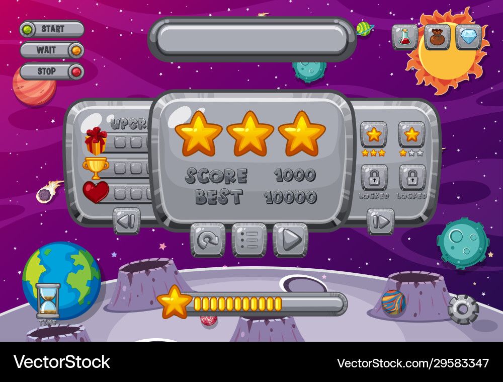 Screen template for computer game with space theme Vector Image