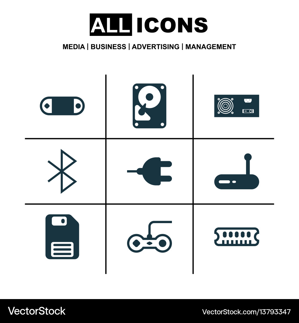 Set of 9 computer hardware icons includes router Set of 9 computer hardware icons includes router vector image