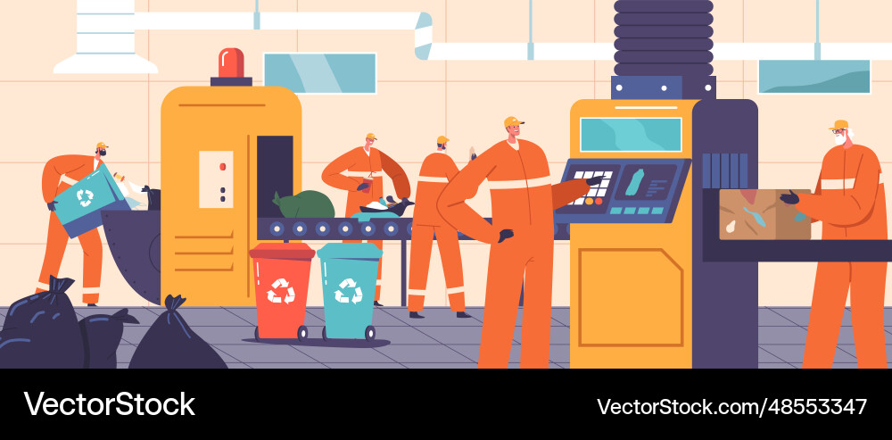 Workers at garbage processing collecting sorting Workers at garbage processing collecting sorting vector image