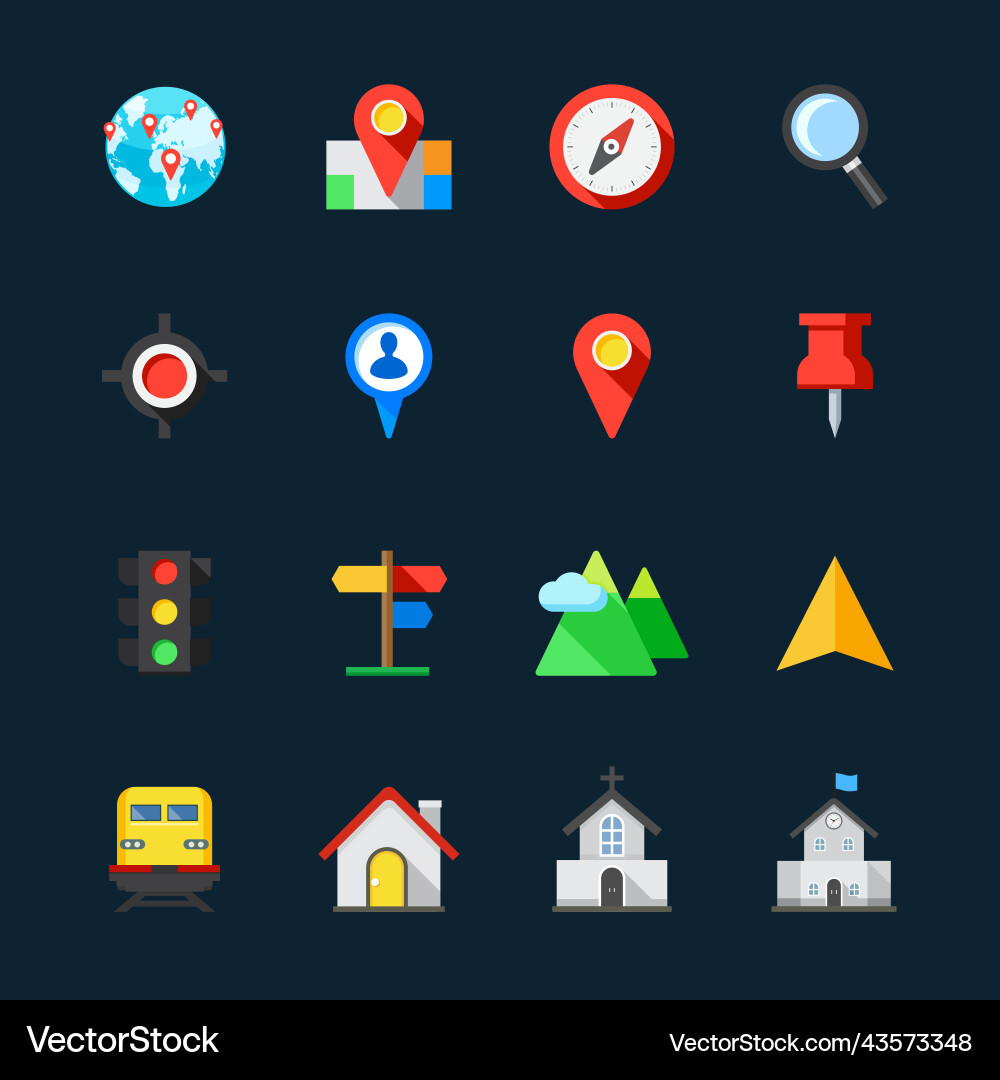 Map-and-location-icons-with-black-background Vector Image