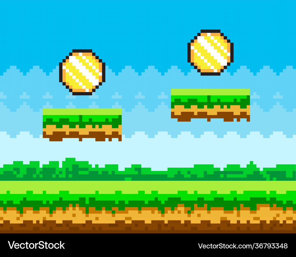 Pixel-Spiel Hintergrund mit Münzen fliegen in blau Pixel-Spiel Hintergrund mit Münzen fliegen in blau vektorbild