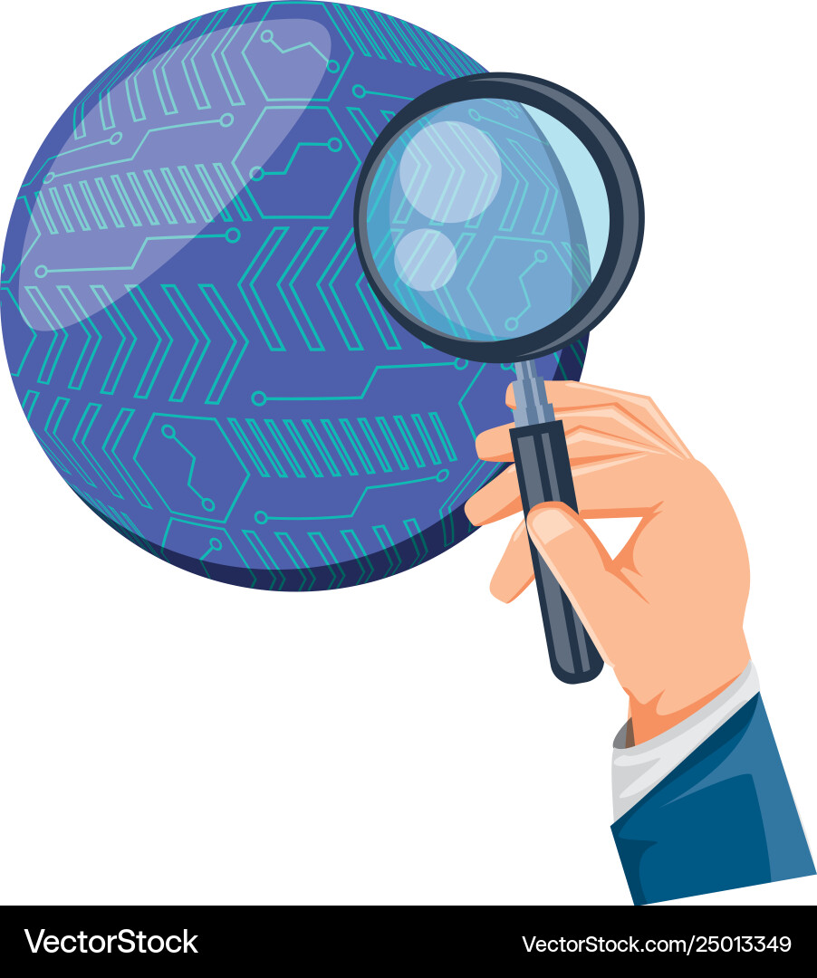 Hand with magnifying glass and sphere planet Vector Image
