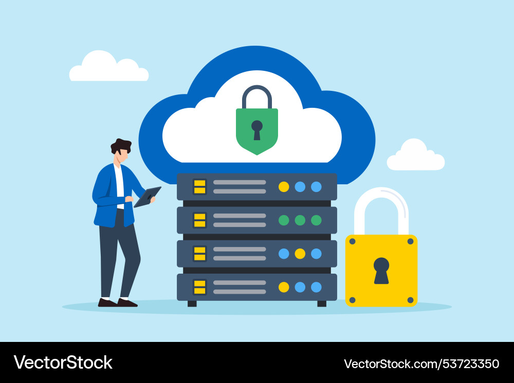 Flat of network administrator securing cloud data Flat of network administrator securing cloud data vector image