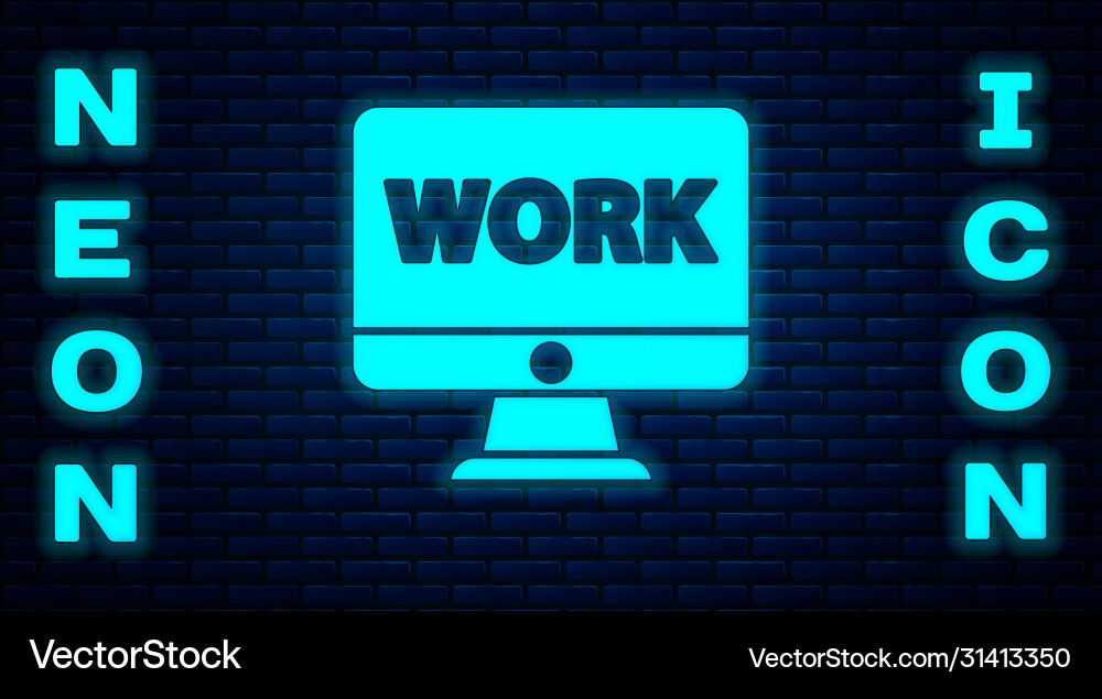 Glowing neon computer monitor with text work icon Vector Image