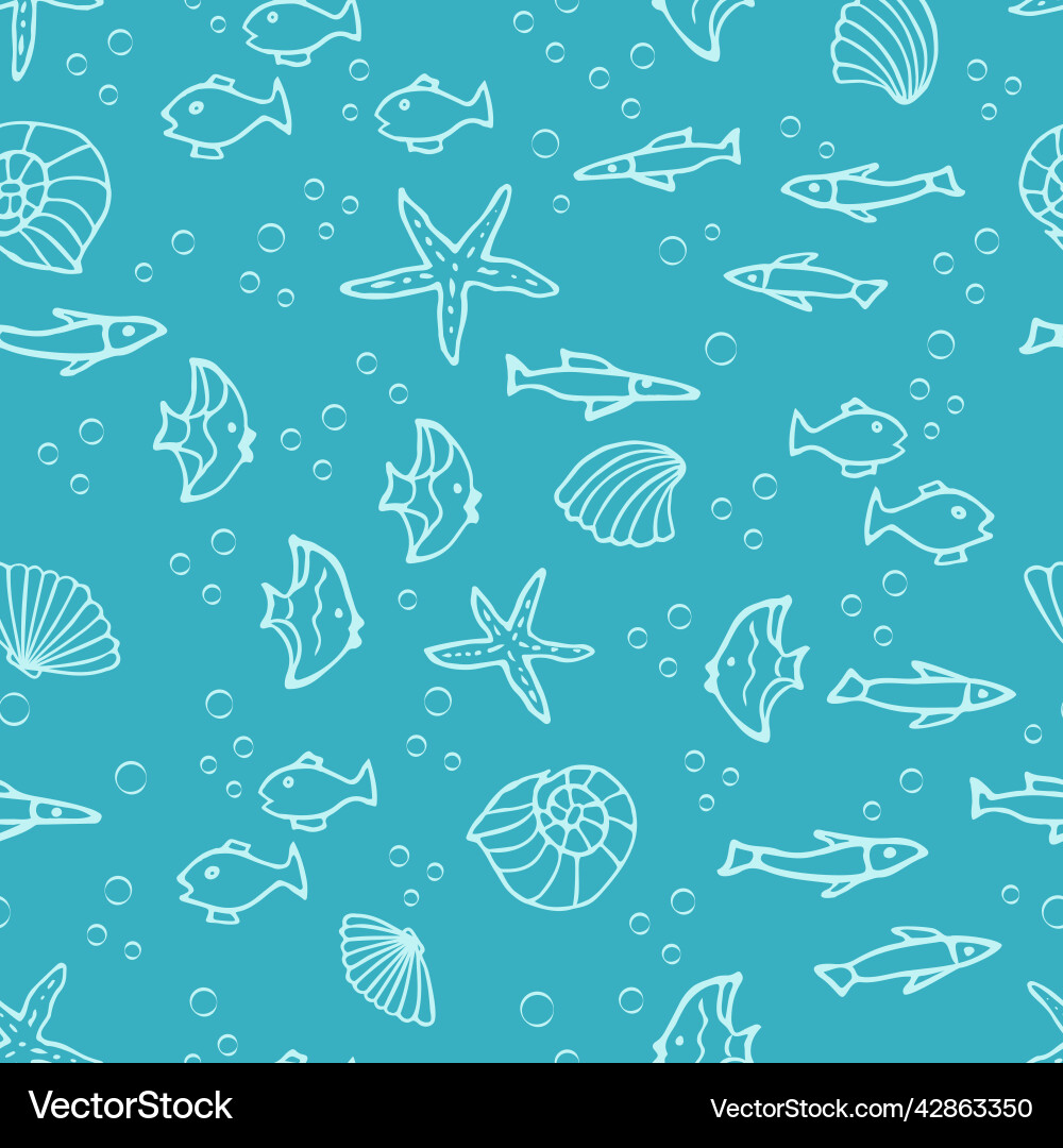Seamless pattern with fish icons shells starfish Seamless pattern with fish icons shells starfish Vector Image