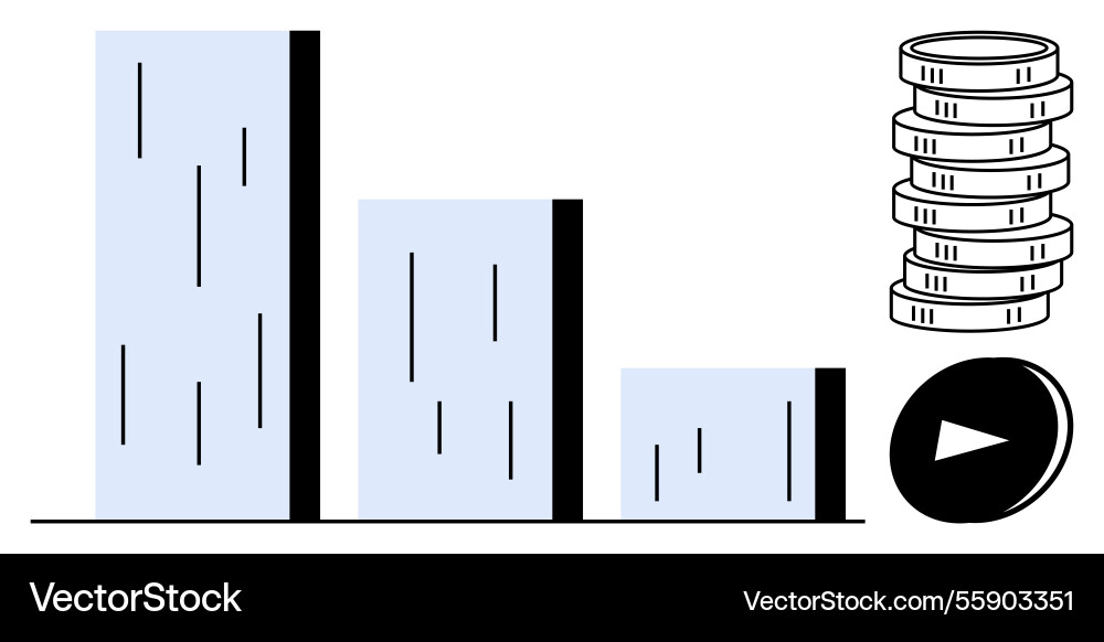 Bar chart with stacked coins and play button Bar chart with stacked coins and play button vector image