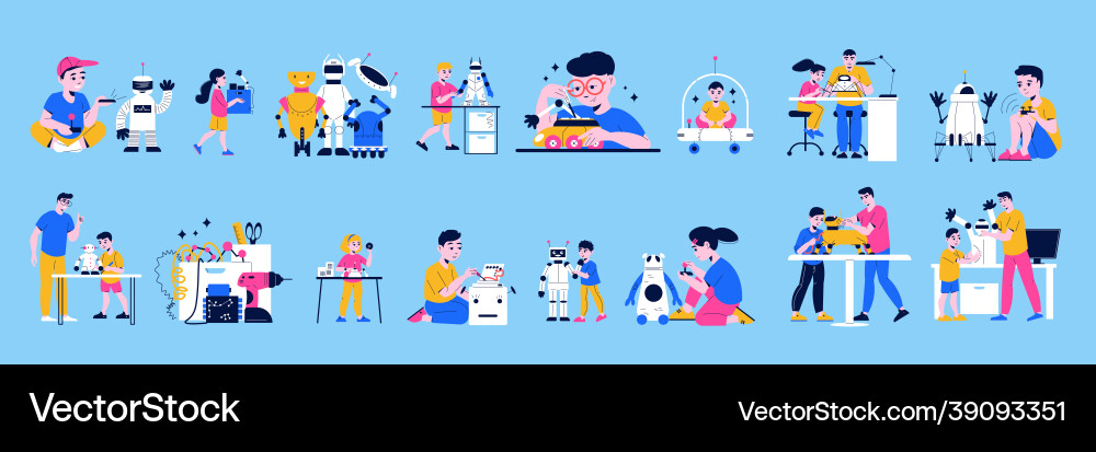 Children programming robots color set Children programming robots color set vector image