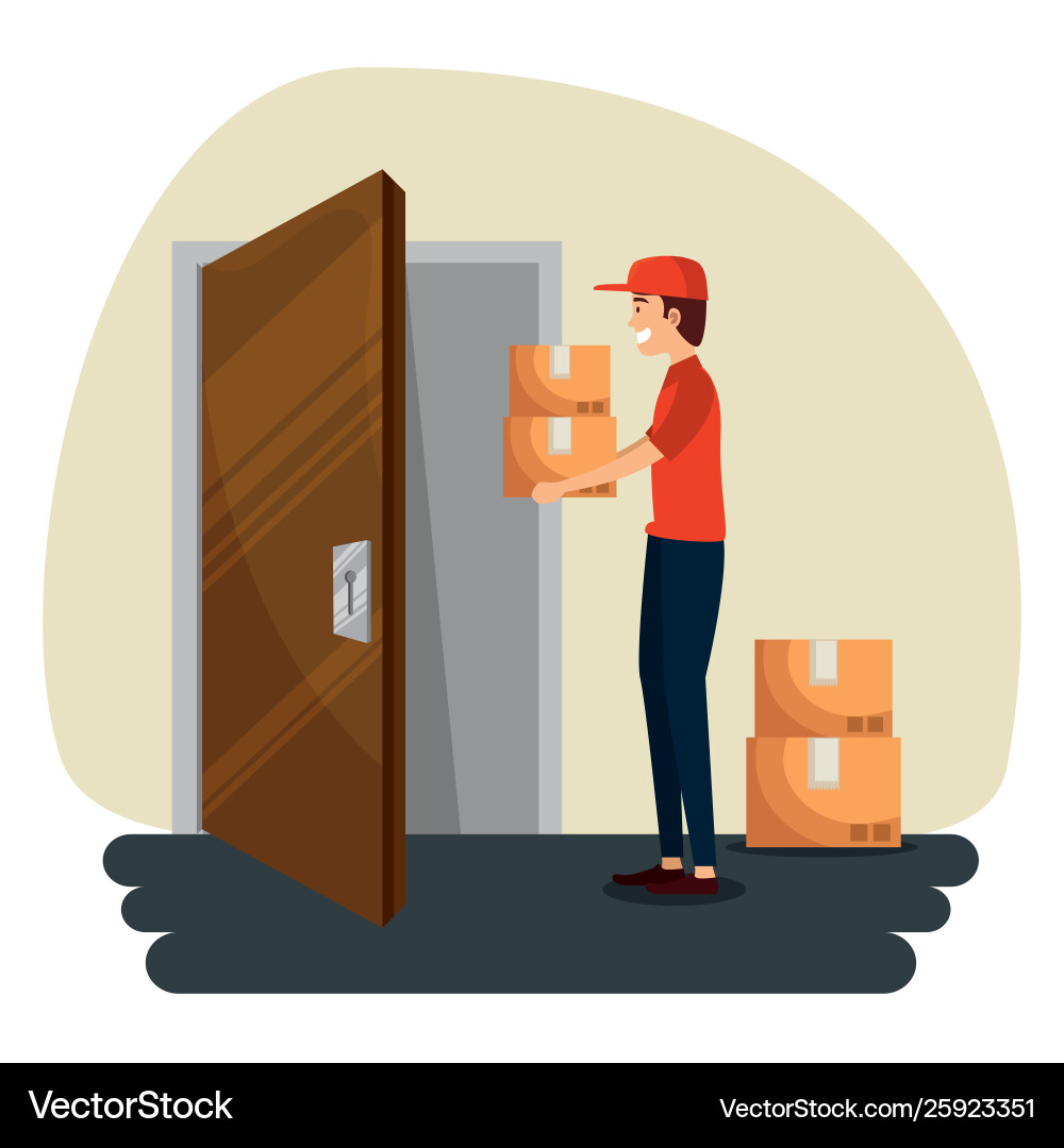 Delivery man in door giving out boxes packages Delivery man in door giving out boxes packages vector image