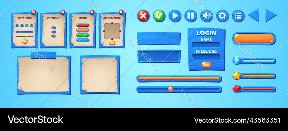 Game ui menu interface scrolls and parchments Game ui menu interface scrolls and parchments Vector Image