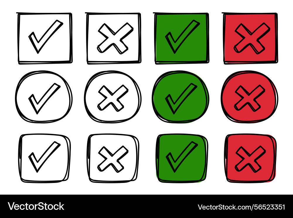 Hand-drawn checkbox and cross icons collection Hand-drawn checkbox and cross icons collection vector image