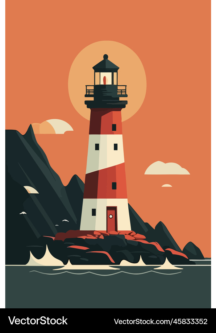 Lighthouse on Rocky Coast Vector Image