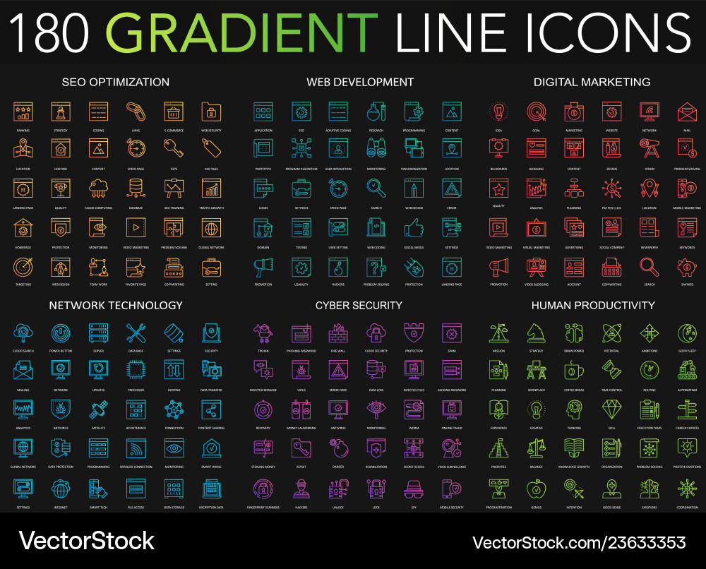 180 Gradient Line Icons - Web & Tech vector image