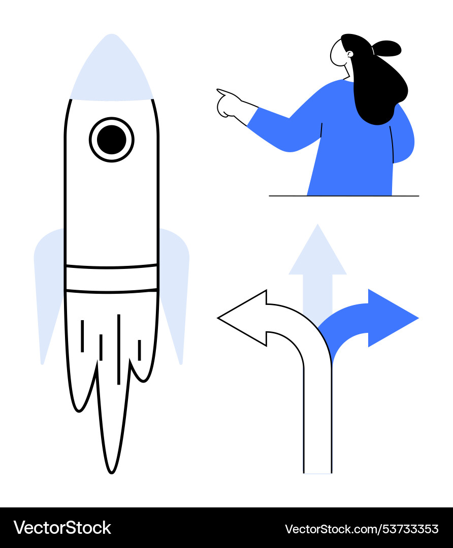 Rocket launch with person pointing at arrows vector image