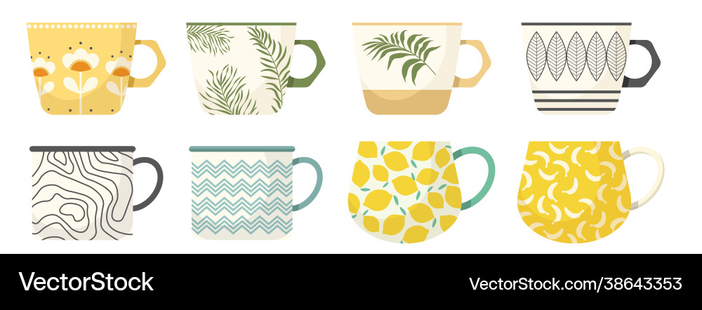 Set tea or coffee cups side view various mugs Set tea or coffee cups side view various mugs vector image
