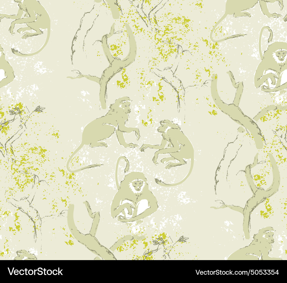 Abstract grungy seamless pattern trees and monkeys Vector Image
