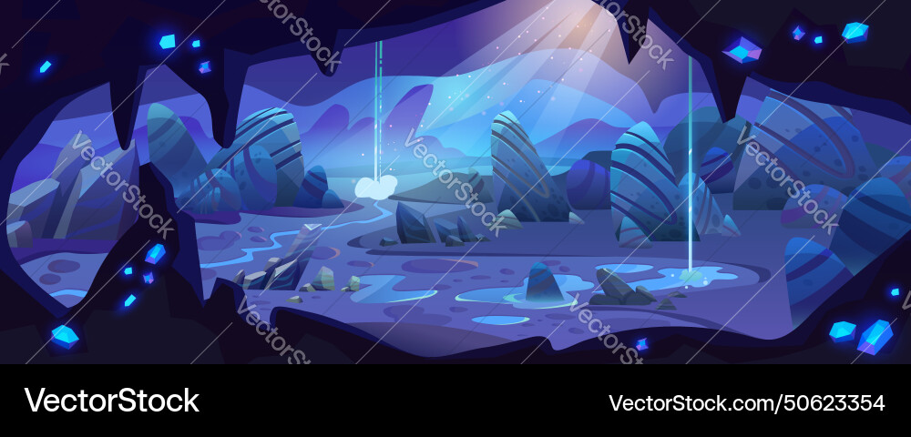 Dark cave with blue crystals Royalty Free Vector Image