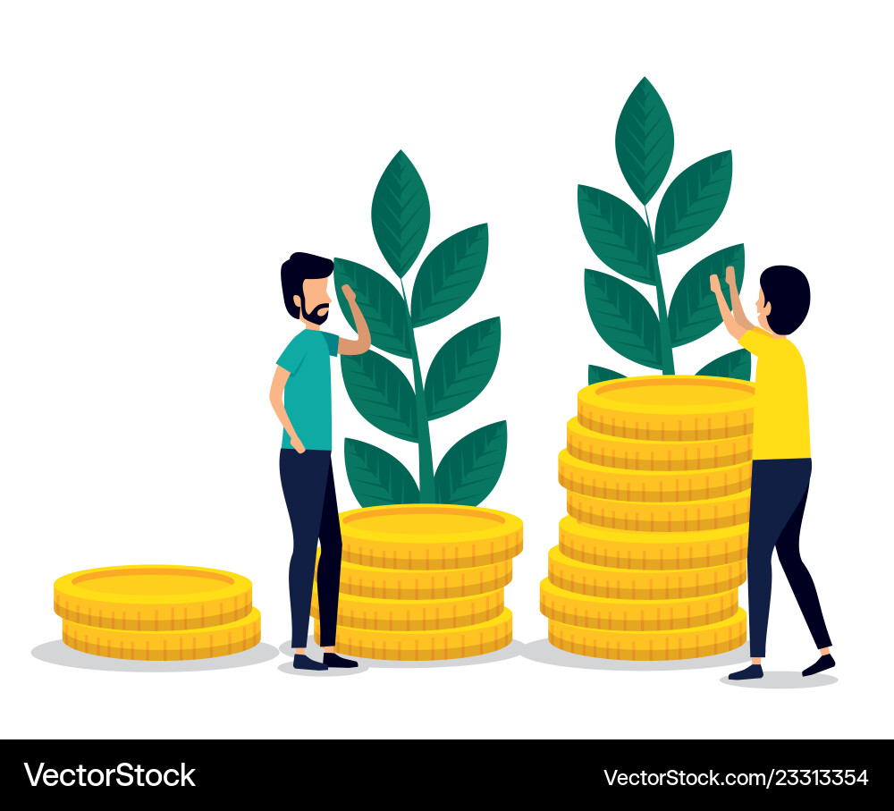 Men teamwork information with coins and plants Men teamwork information with coins and plants vector image