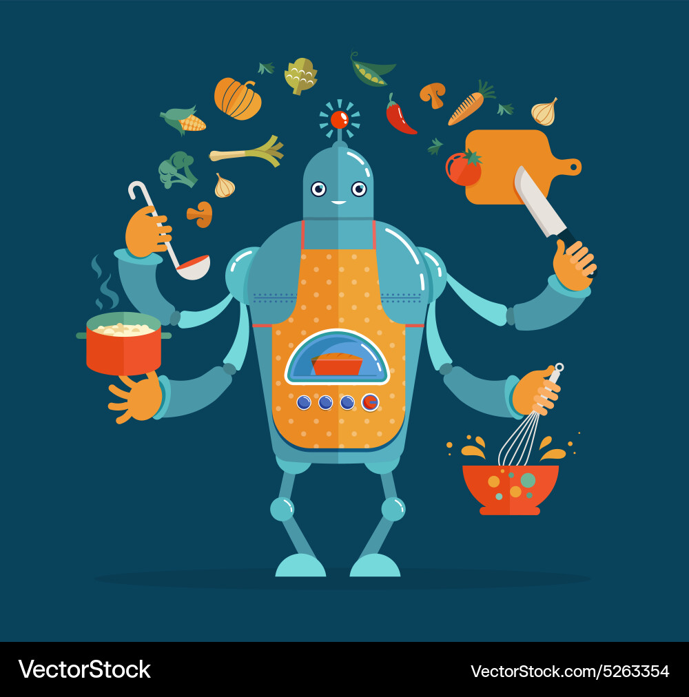 Roboter Küchenchef Multitasking Vektorbild