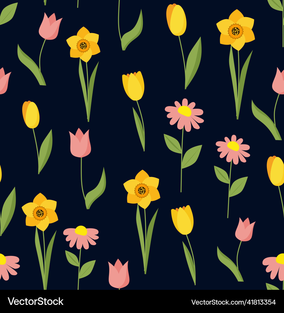 Seamless spring pattern with tulips and daffodils Seamless spring pattern with tulips and daffodils Vector Image