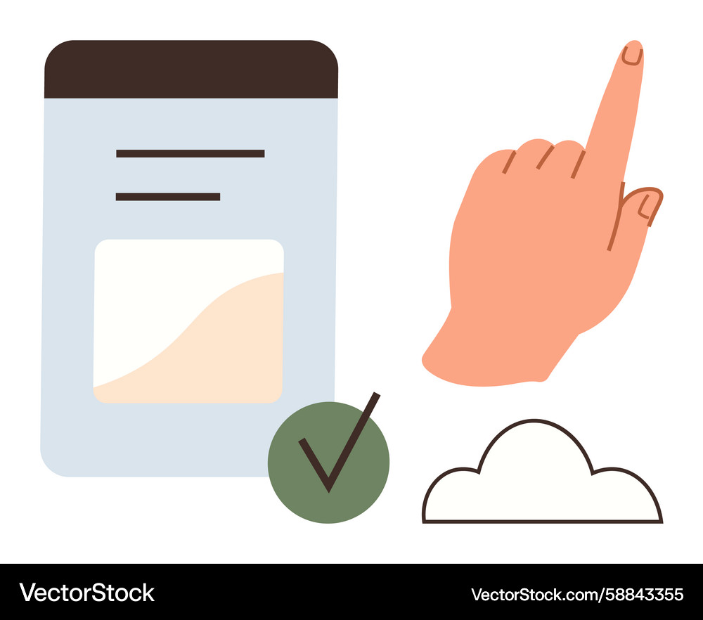 Hand pointing to interface card with a checkmark Hand pointing to interface card with a checkmark Vector Image