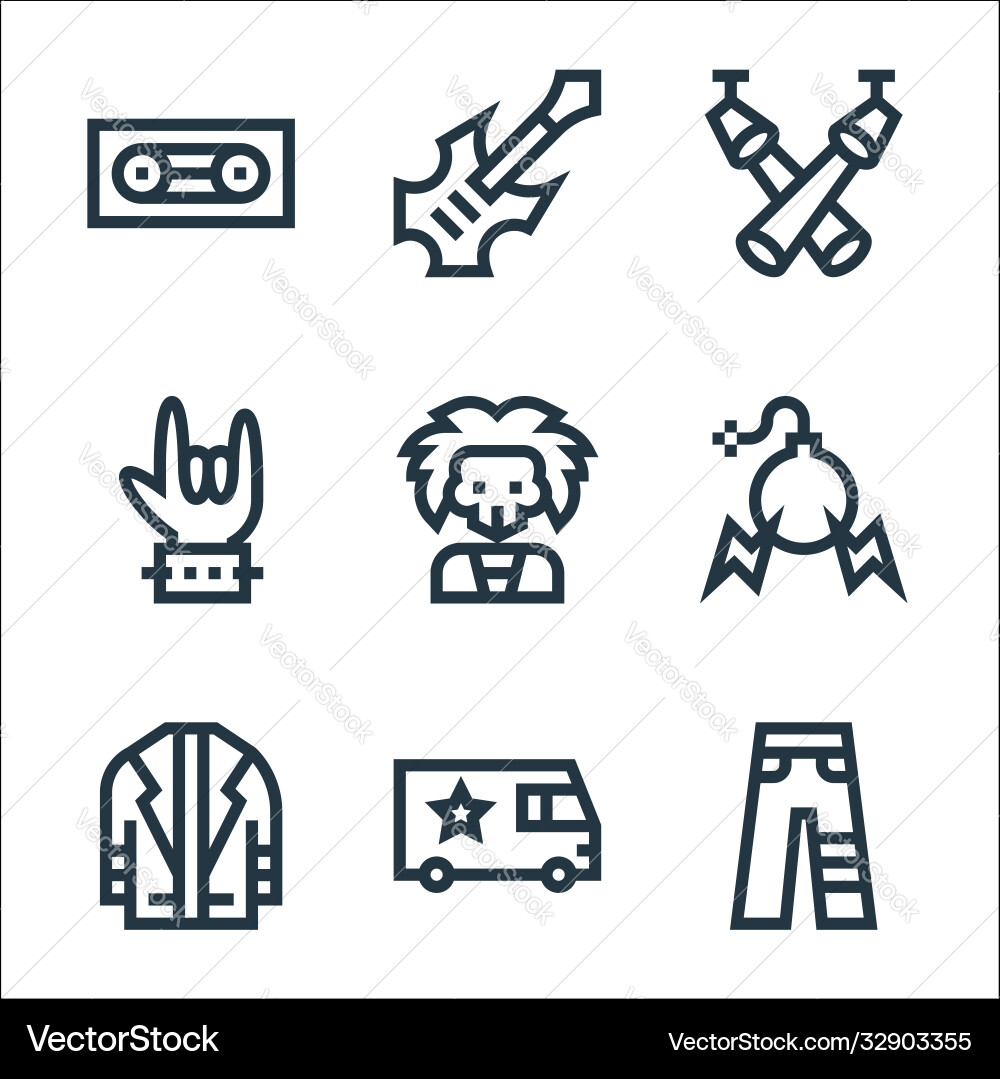 Rock and roll line icons linear set quality Rock and roll line icons linear set quality vector image