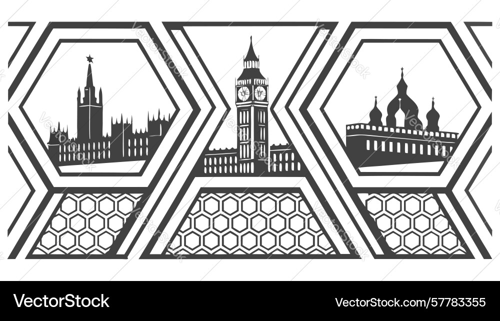 Urban landscape border with hexagonal pattern art vector image