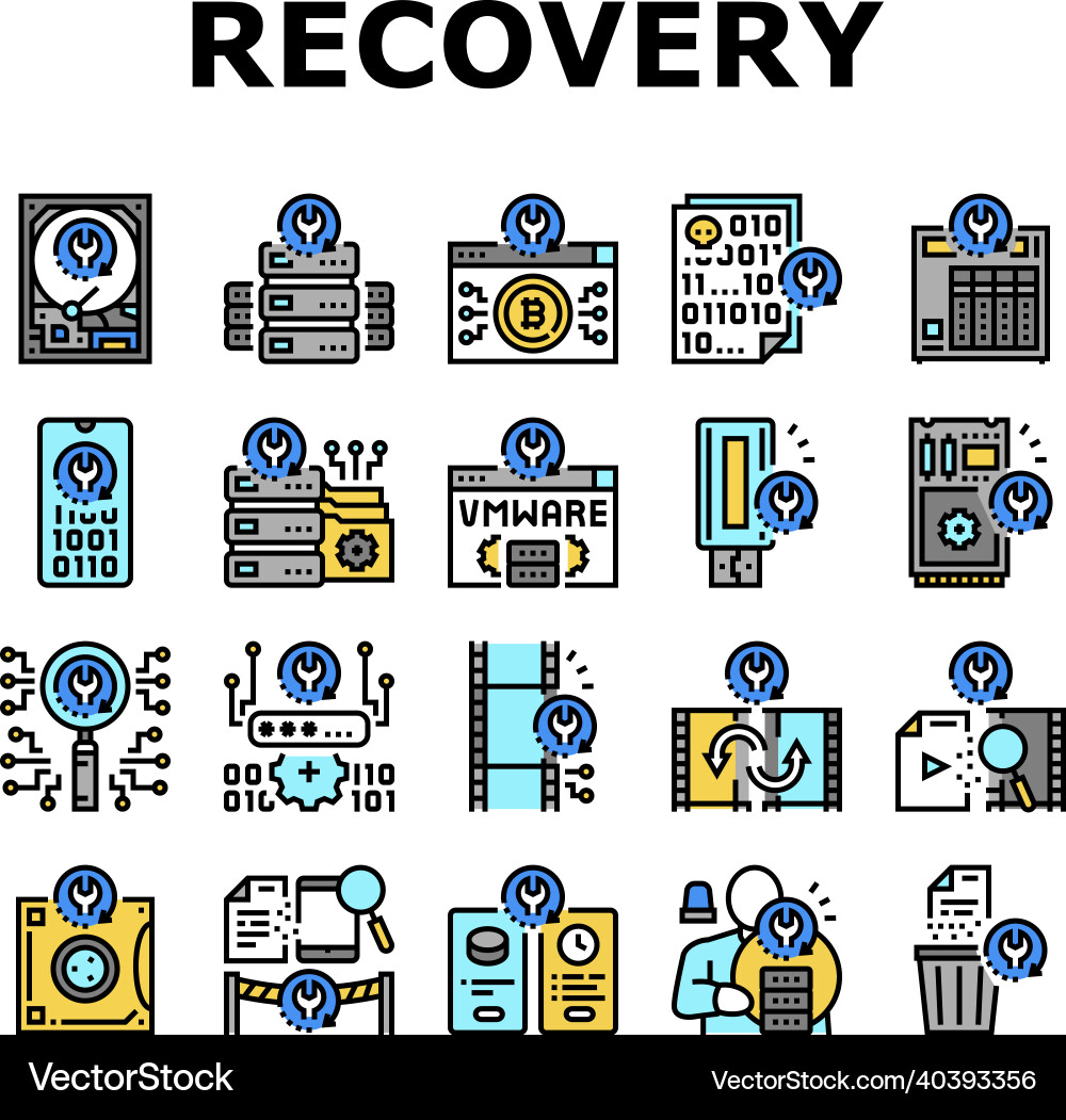 Data recovery computer processing icons set Data recovery computer processing icons set vector image