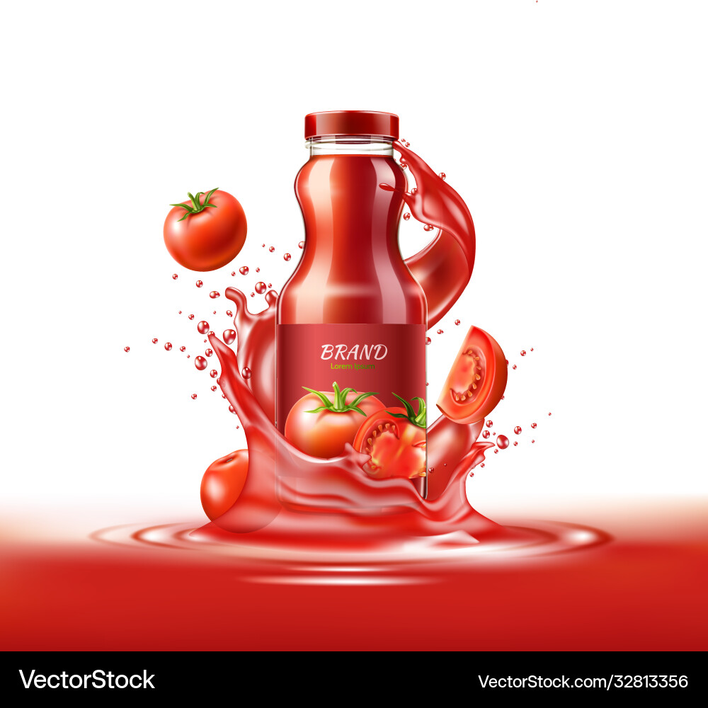 Realistic tomato juice glass bottle splash Realistic tomato juice glass bottle splash vector image