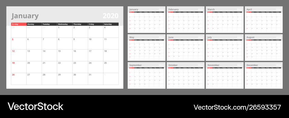 Calendar for 2020 new year in clean minimal table Vector Image