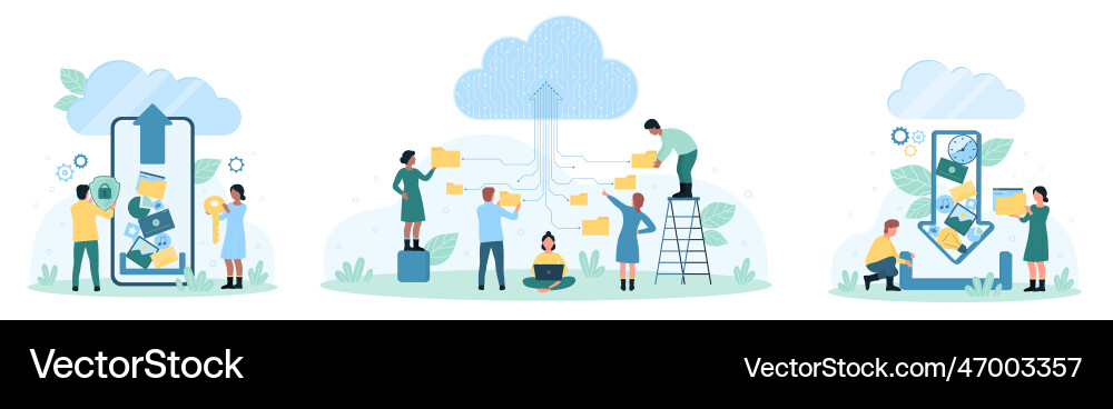 Cloud storage for data files set tiny people Cloud storage for data files set tiny people Vector Image
