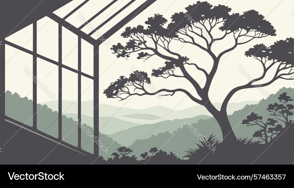 Large window view of scenic tree art design vector image