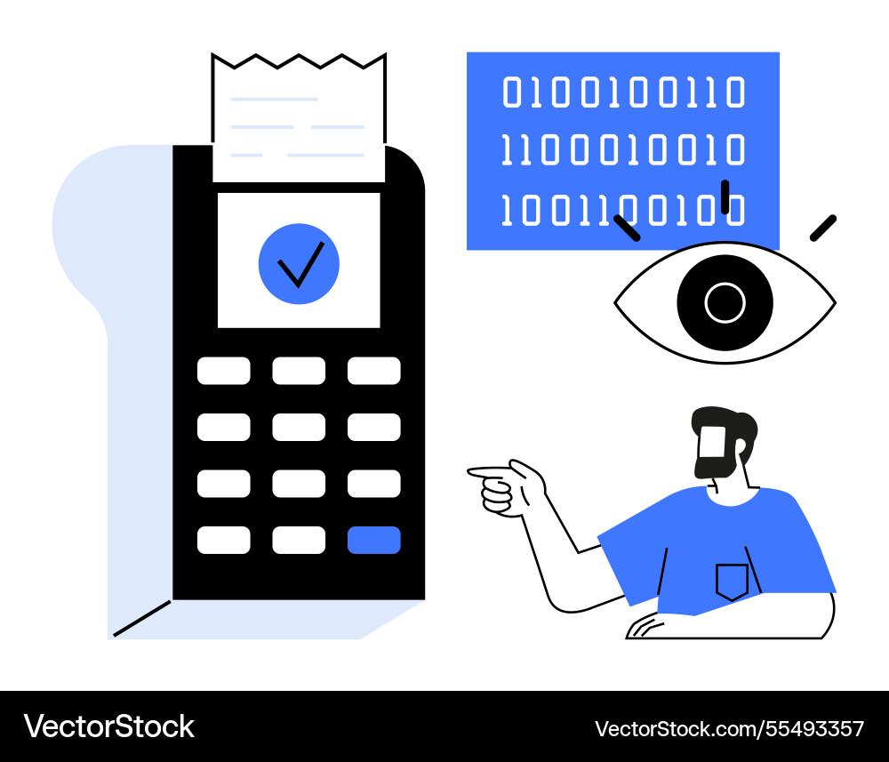 Man pointing at pos machine with receipt binary Man pointing at pos machine with receipt binary Vector Image