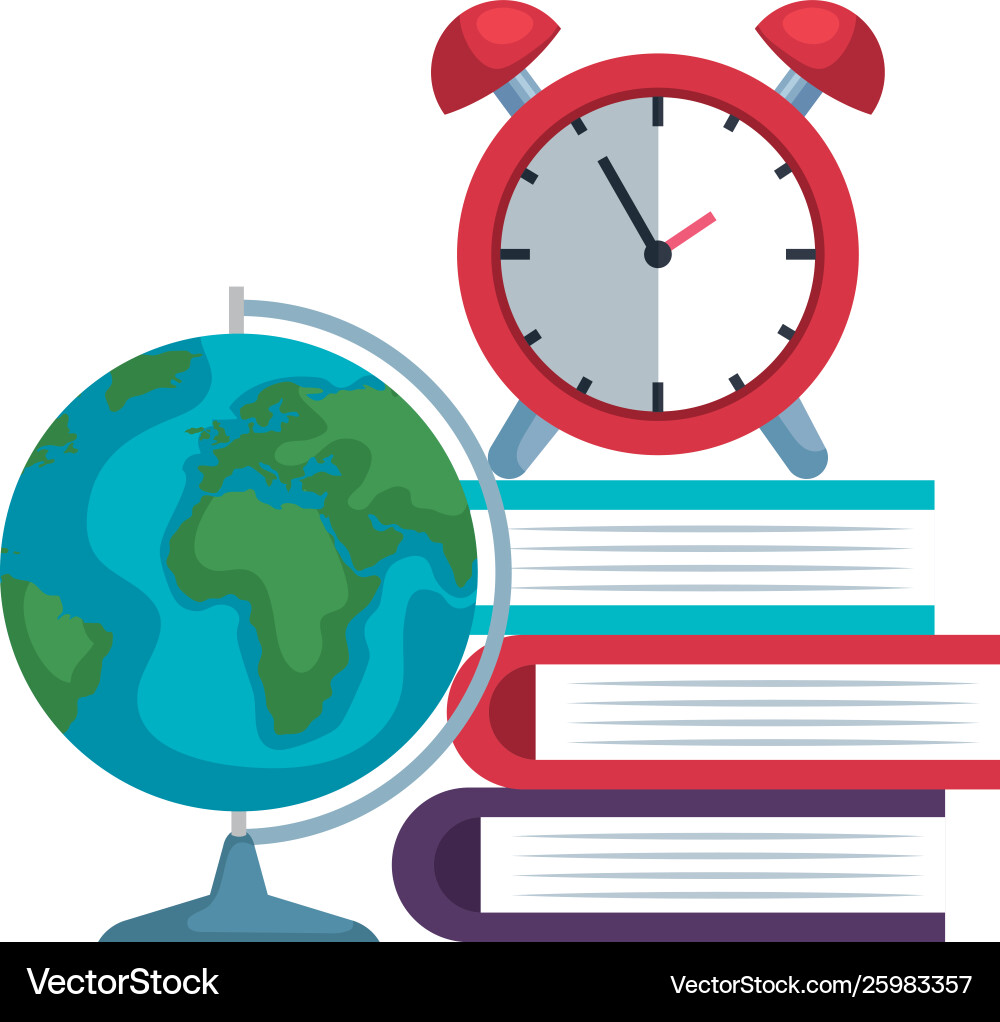 Pile textbooks with alarm clock and world map Pile textbooks with alarm clock and world map Vector Image