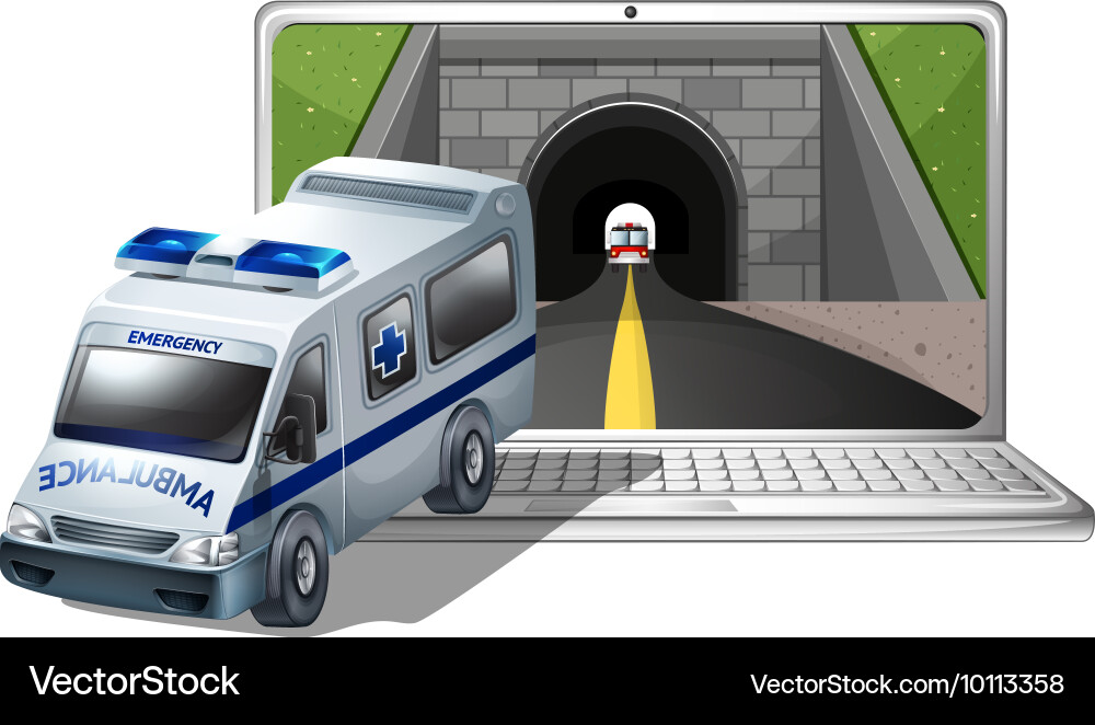 Computer screen with ambulance and tunnel vector image