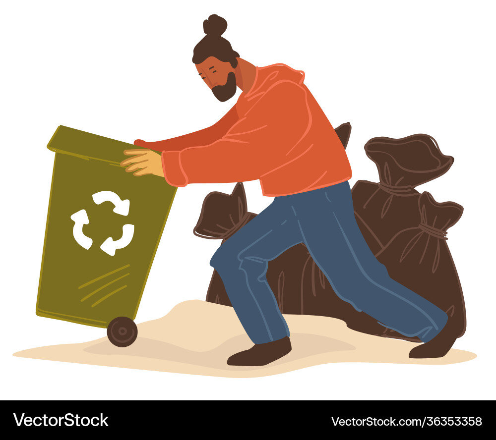 Man pulling container with garbage for recycling Man pulling container with garbage for recycling vector image