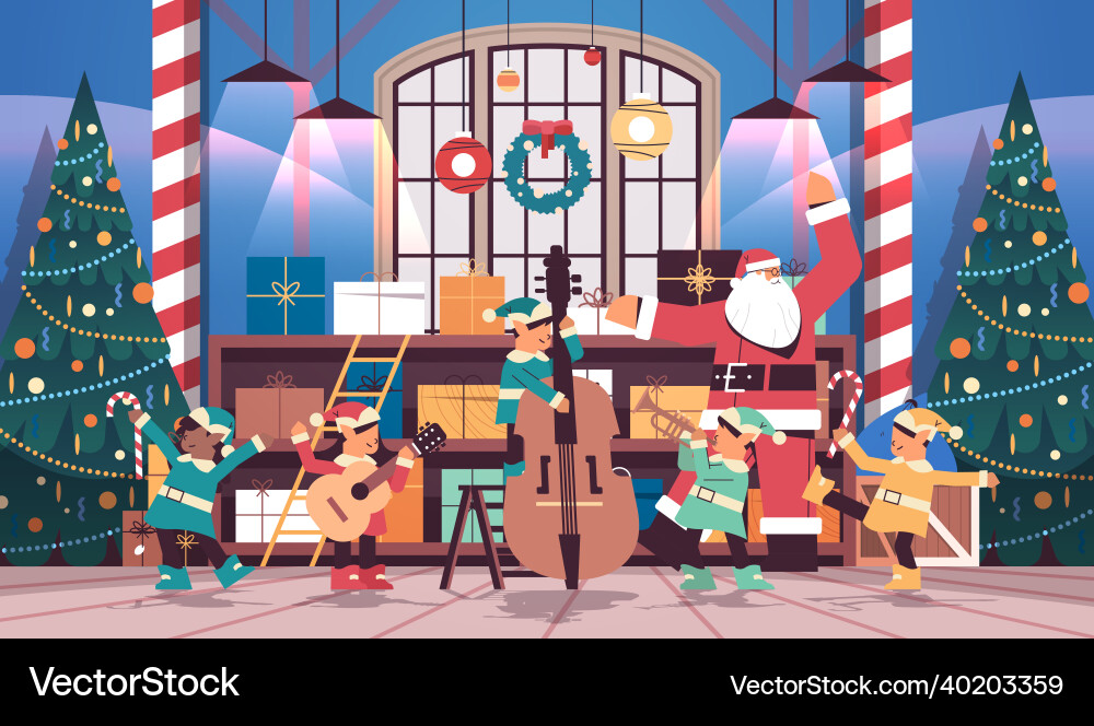Elves mit Musikinstrumenten santa helpers team Elves mit Musikinstrumenten santa helpers team vektorbild