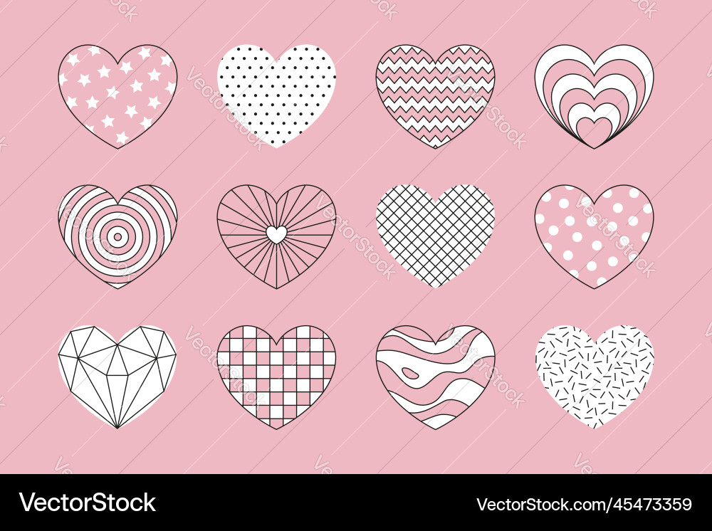 Hearts set with geometric patterns and textures Vector Image