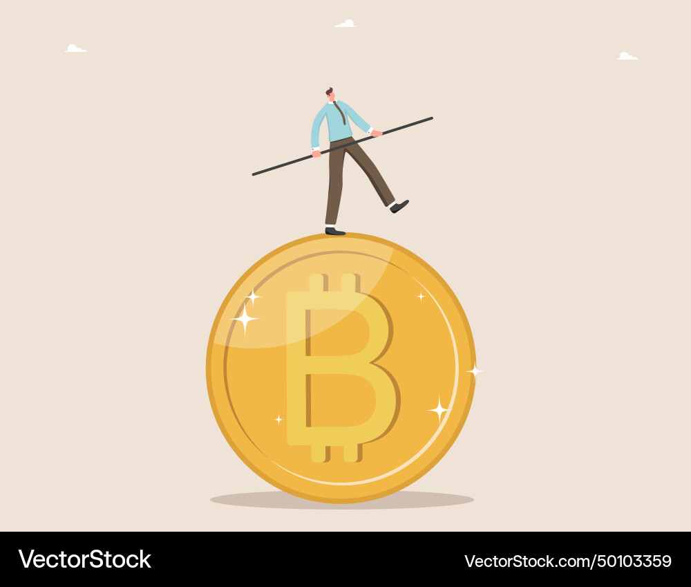 Man balancing on bitcoin Man balancing on bitcoin vector image