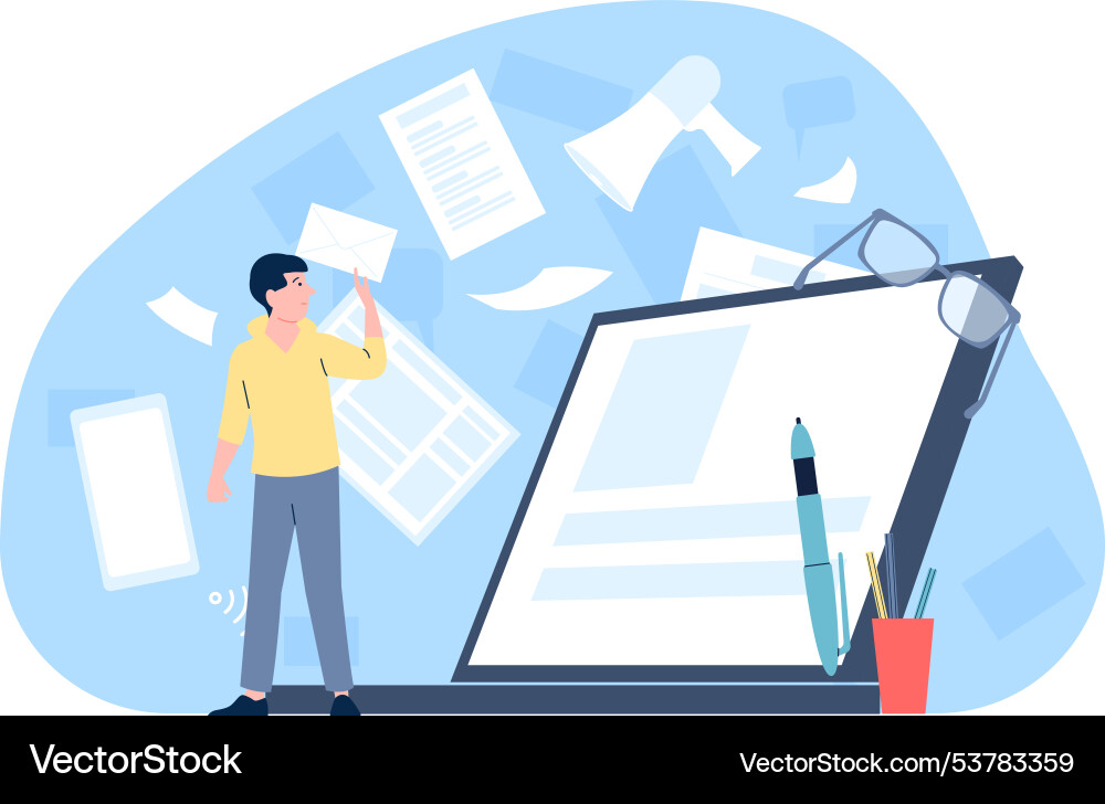 Man tired from work tiny writer office worker Man tired from work tiny writer office worker vector image