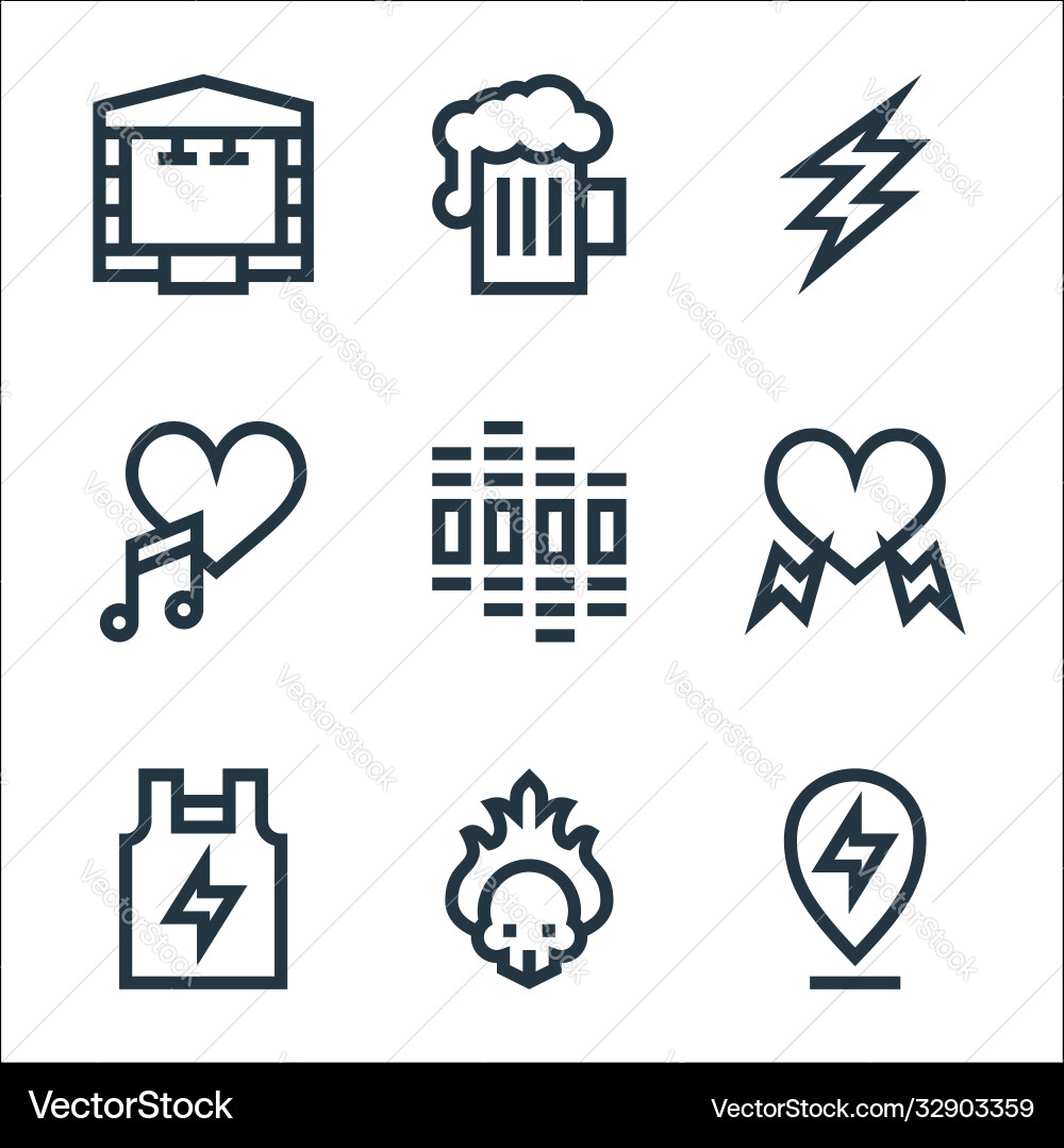 Rock and roll line icons linear set quality Rock and roll line icons linear set quality vector image