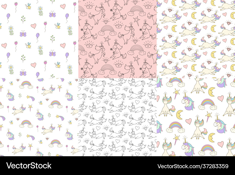 Set cute seamless patterns with unicorns Vector Image