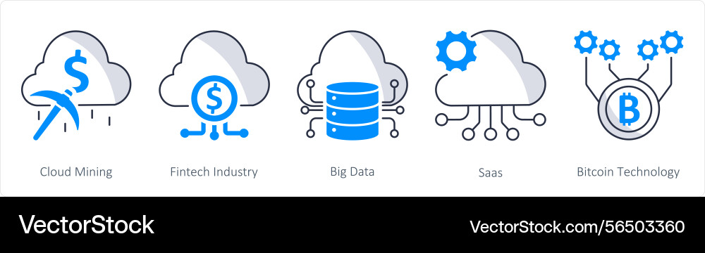 A set of 5 blockchain icons as cloud mining Vector Image