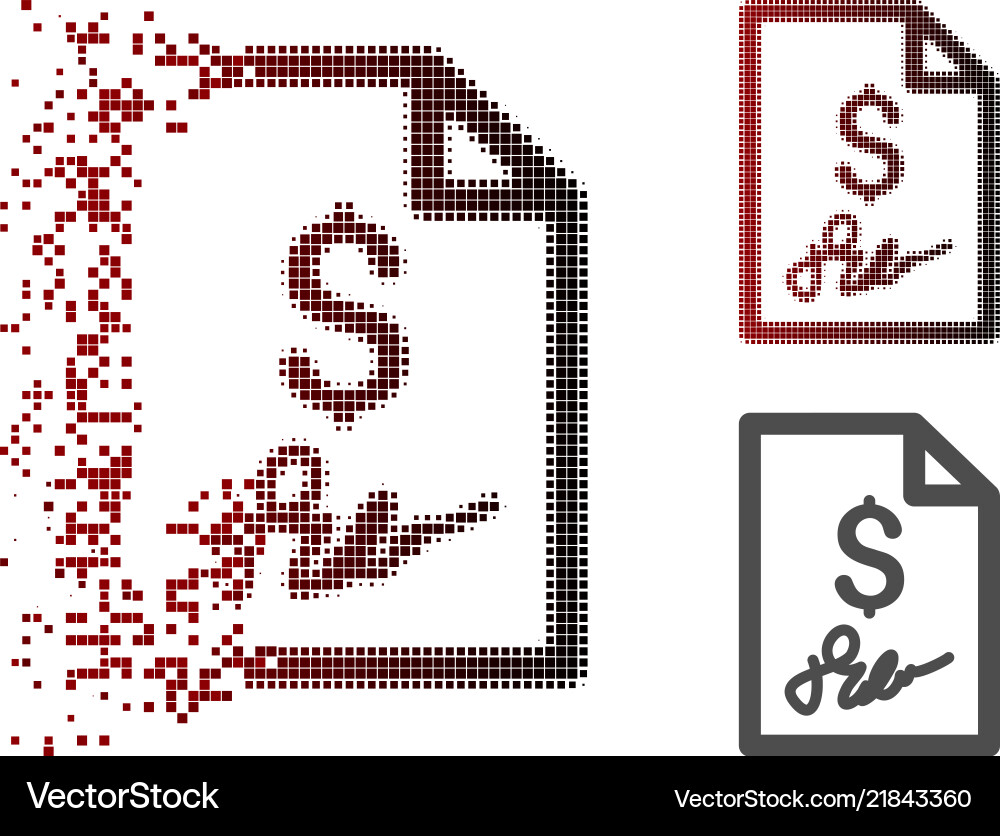 Disintegrating pixel halftone signed bill icon Disintegrating pixel halftone signed bill icon vector image